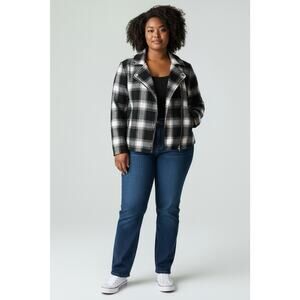 Torrid Plus Flannel Moto Plaid Jacket Black White Zip Up Casual City Chic 2